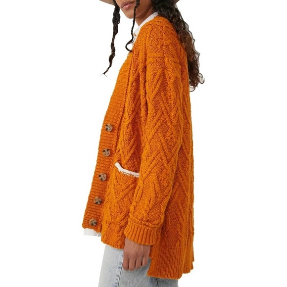 Free People Montana Cable Knit button front w/ pockets burnt orange Cardigan szS - Picture 13 of 14